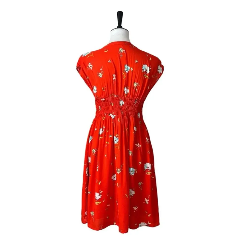 Free People Dress Smocked Waist Button Front Red Floral Women’s Size Medium